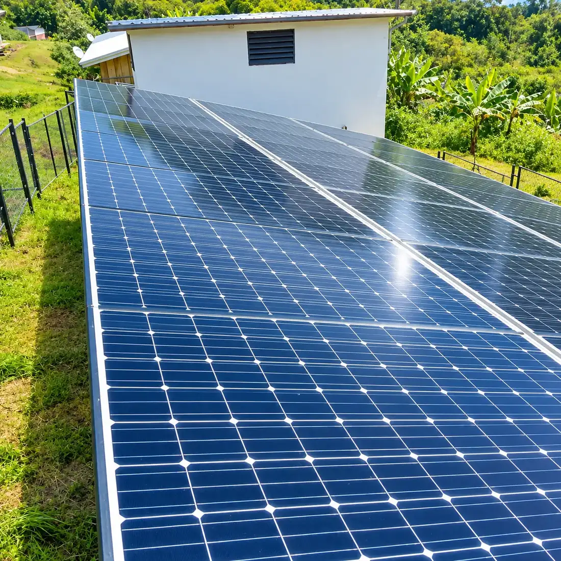 Rangées de panneaux solaires au sol devant le local technique
